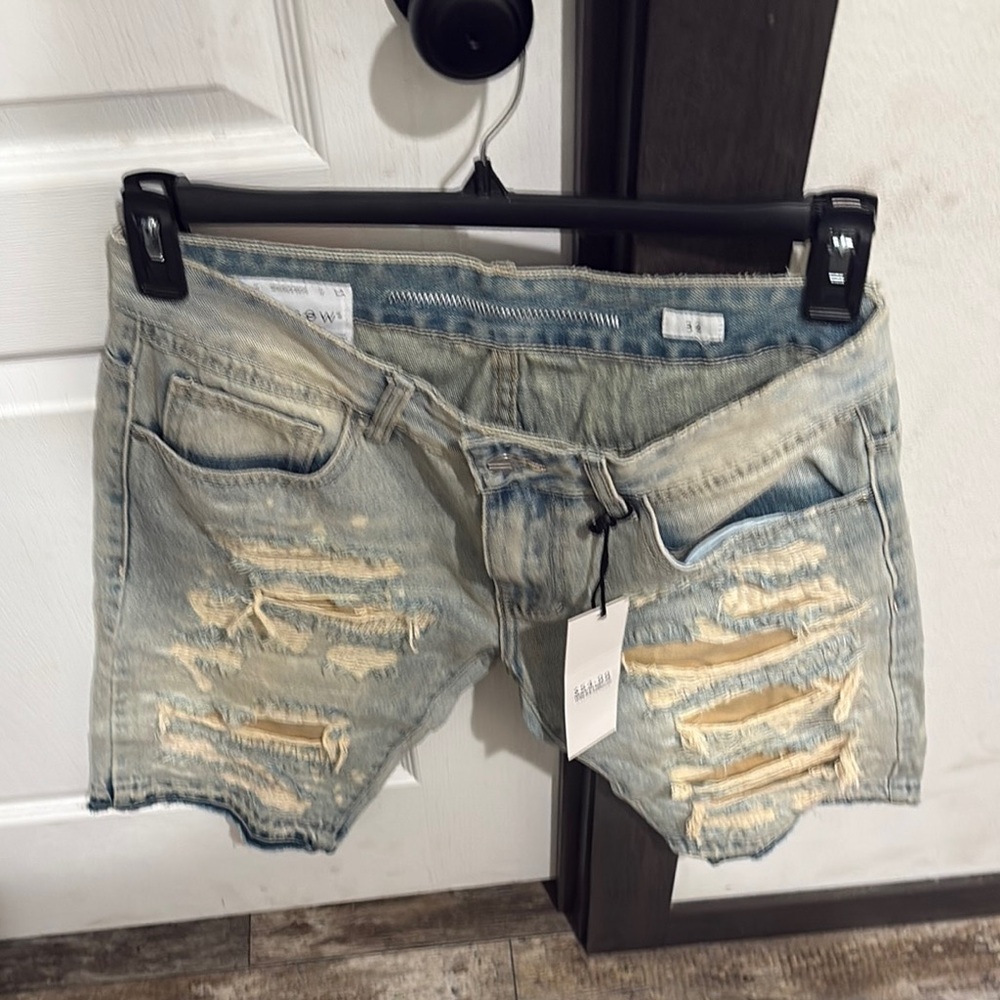 Blue Distressed Jean Shorts with Frayed Hem